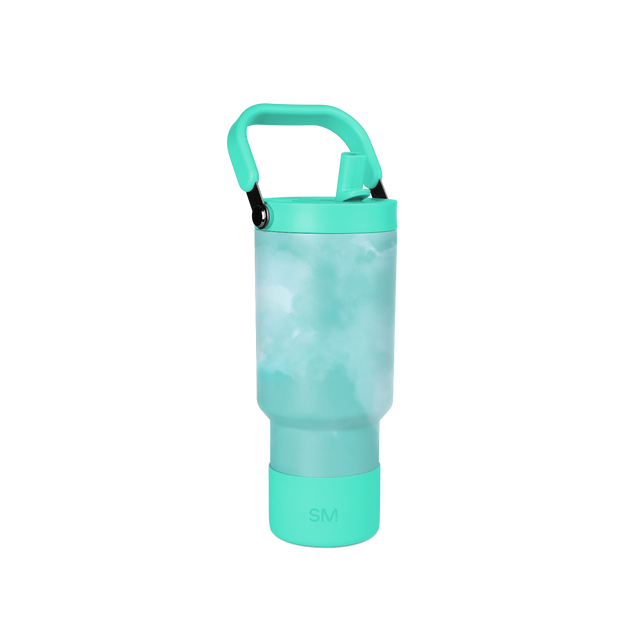 Turquoise and mint green insulated bottle with aqua-green body, deeper turquoise handle, lid band, and base. Turquoise and mint green insulated bottle with aqua-green body, deeper turquoise handle, lid band, and base.
