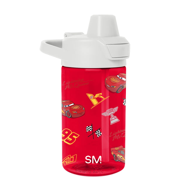 Red water bottle with white cap and SM logo, gold accents Red water bottle with white cap and SM logo, gold accents