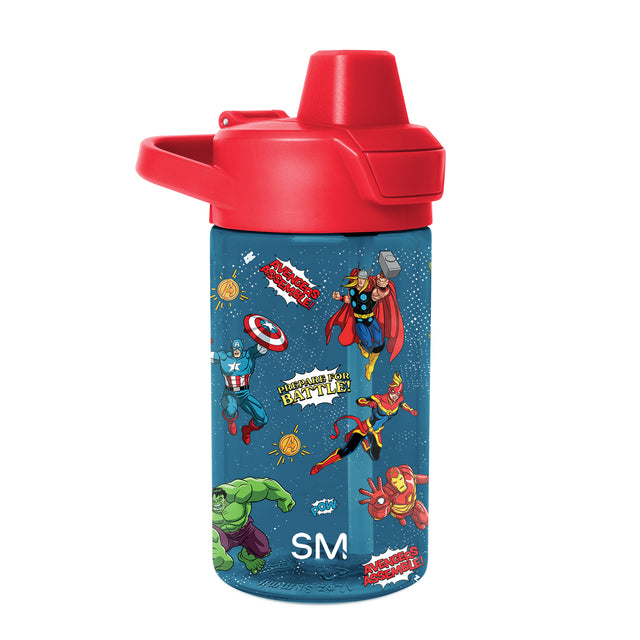 Teal water bottle with red lid and spout, featuring colorful character illustrations as accent details. Teal water bottle with red lid and spout, featuring colorful character illustrations as accent details.