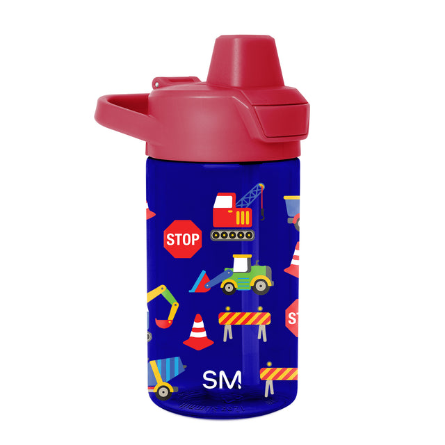 Simple Modern children's water bottle with navy blue body and coral pink cap featuring colorful construction-themed illustrations including trucks, bulldozers, and traffic cones. Simple Modern children's water bottle with navy blue body and coral pink cap featuring colorful construction-themed illustrations including trucks, bulldozers, and traffic cones.