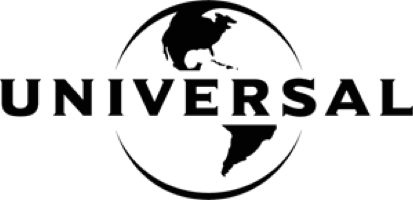 Universal Studios logo featuring black text with a globe illustration inside a circular border on white background