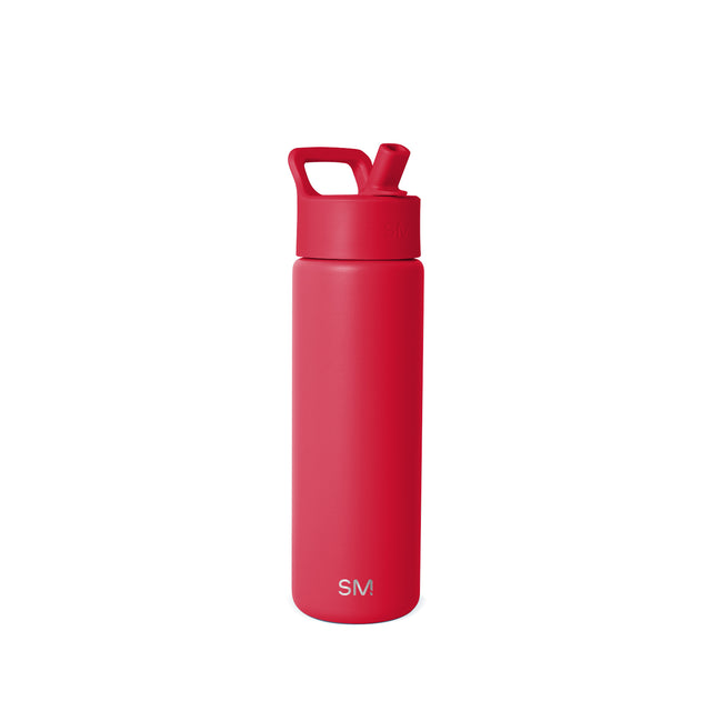 Red cylindrical water bottle with rounded cap and curved carry handle, SM logo in white on lower front, matte finish, tall narrow design on white background. Red cylindrical water bottle with rounded cap and curved carry handle, SM logo in white on lower front, matte finish, tall narrow design on white background.