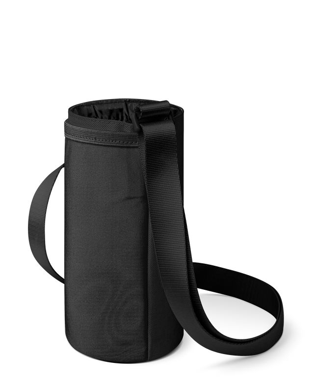 Black and charcoal gray baby carrier with dark gray fabric body, black straps, interior lining, and drawstring closure Black and charcoal gray baby carrier with dark gray fabric body, black straps, interior lining, and drawstring closure