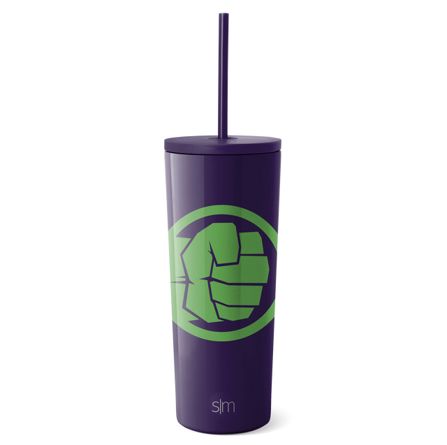 Deep purple insulated tumbler with lime green accent, matching purple lid and straw, isolated on white background. Deep purple insulated tumbler with lime green accent, matching purple lid and straw, isolated on white background.