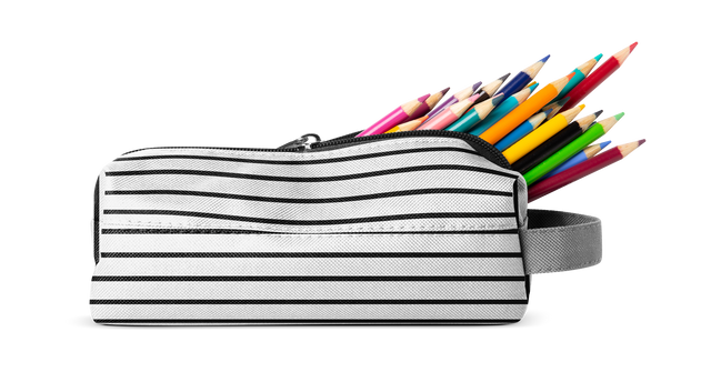 Light gray pencil case with horizontal black stripes containing vibrant rainbow-colored pencils including pink and other spectrum colors Light gray pencil case with horizontal black stripes containing vibrant rainbow-colored pencils including pink and other spectrum colors