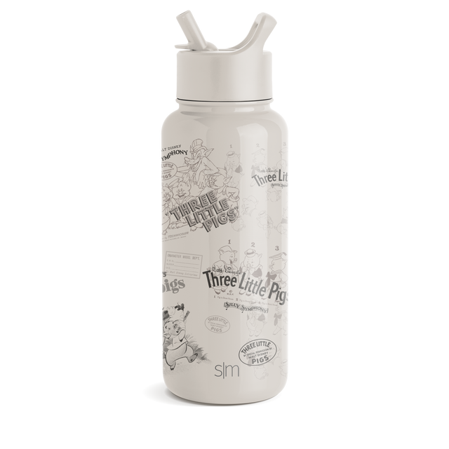 Cream-colored bottle with gray and black illustrations and text, white lid and straw spouts, monochromatic design Cream-colored bottle with gray and black illustrations and text, white lid and straw spouts, monochromatic design