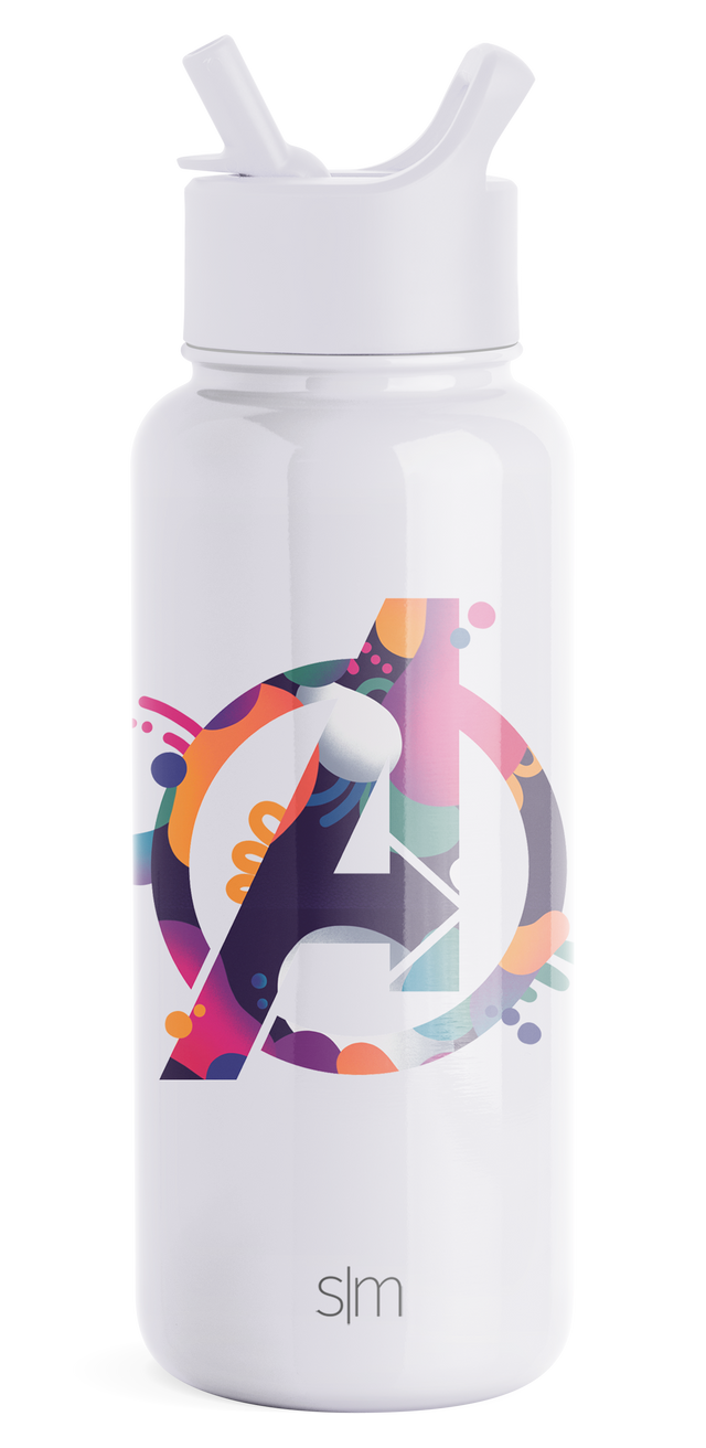 White Simple Modern insulated water bottle with push-button spout cap against white background White Simple Modern insulated water bottle with push-button spout cap against white background