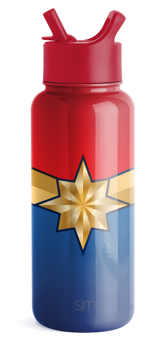 Gradient bottle with red upper section, cream middle band, and navy blue lower half Gradient bottle with red upper section, cream middle band, and navy blue lower half