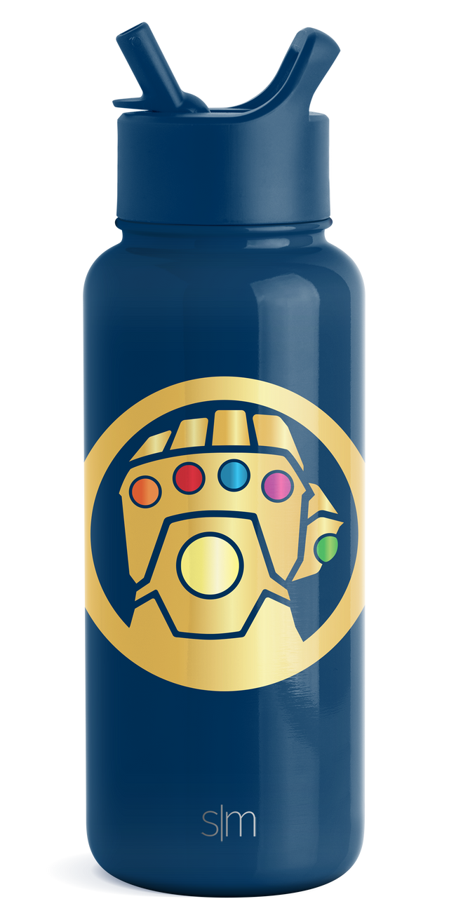Deep navy blue water bottle with bright golden yellow circular graphic on front center, outlined in navy Deep navy blue water bottle with bright golden yellow circular graphic on front center, outlined in navy