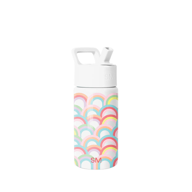 White insulated water bottle with rainbow arch pattern in pastels and bright colors, white cap, carry loop, and angled spout against light gray background.