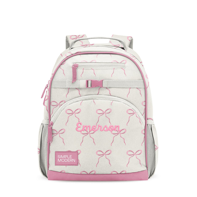 Cream and hot pink children's backpack with bow pattern, personalized 