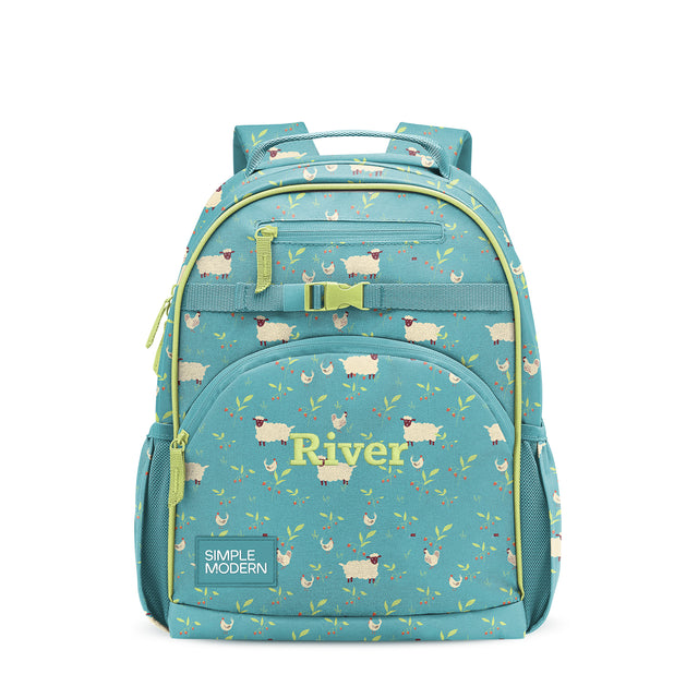 Teal children's backpack with lime-green trim, padded straps, front zipper pocket labeled 