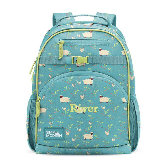 Teal and lime green children's backpack with sheep and leaf pattern, front zippered pockets, mesh side pockets, padded straps, and 