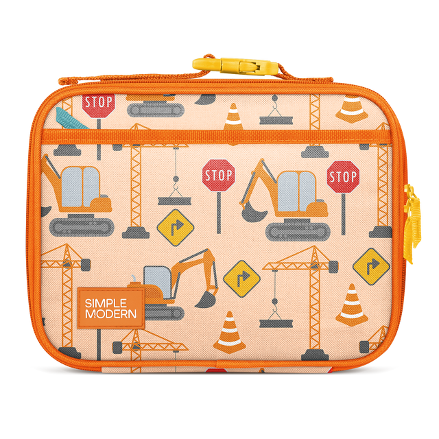 Orange insulated lunch bag with cream interior, yellow handle and zipper pulls, featuring construction-themed pattern with gray, blue, and red accents. SIMPLE MODERN branding on front.
