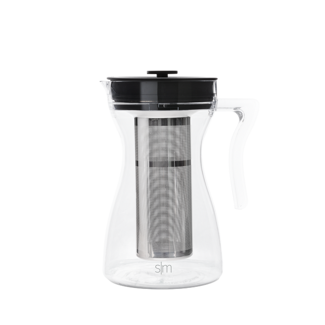 SM Cold Brew Coffee Maker with transparent glass carafe, white body, and black lid mechanism