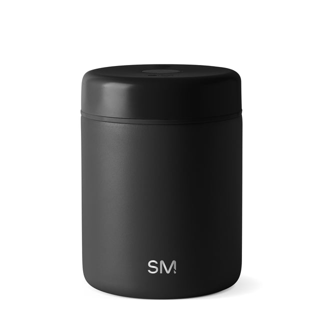 Matte black container with matching lid, minimalist design with solid black color palette