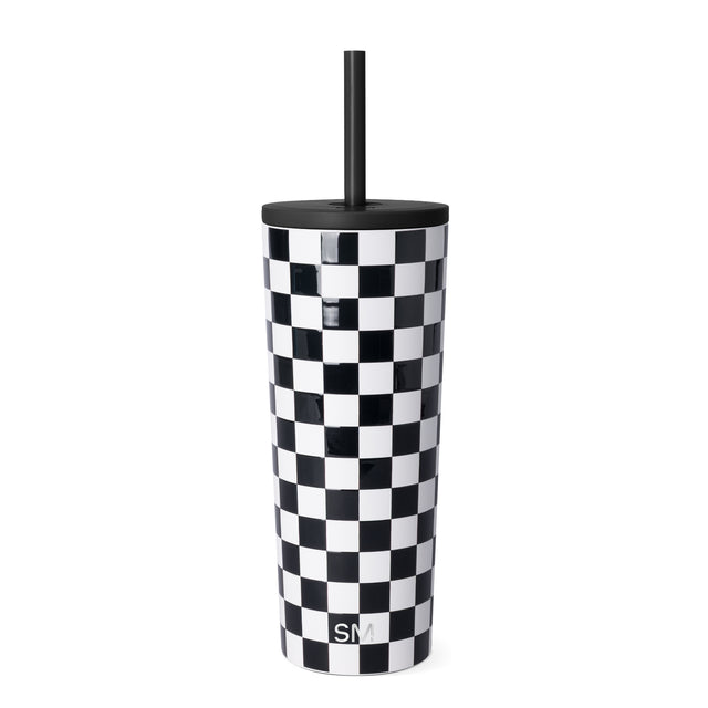 Black and white checkerboard tumbler with black lid and straw, Simple Modern logo visible, minimalist product photography on white background.