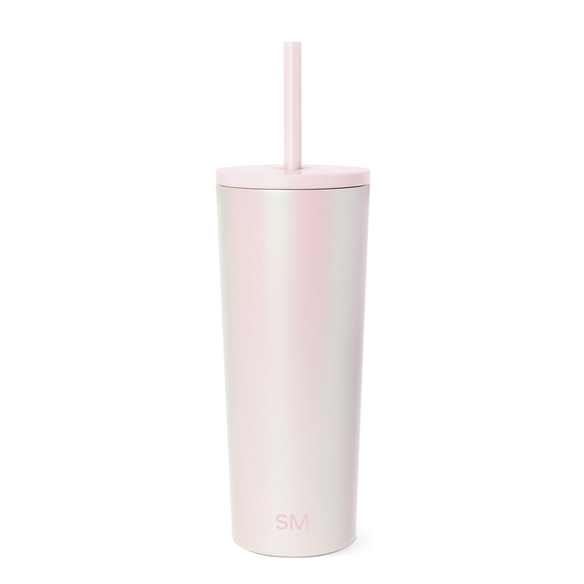 Pale pink 24-ounce insulated tumbler with cream gradient, matching lid and straw, Simple Modern logo, against white background.