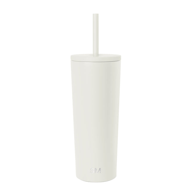 Cream-colored cylindrical tumbler with matching lid and integrated straw on white background. Simple Modern logo embossed on front. Sleek, contemporary design.