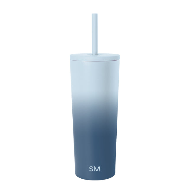 Pale blue-gray to navy blue gradient insulated tumbler with lid and matching light blue straw. Simple Modern logo visible on lower front. Studio product photography on white background.