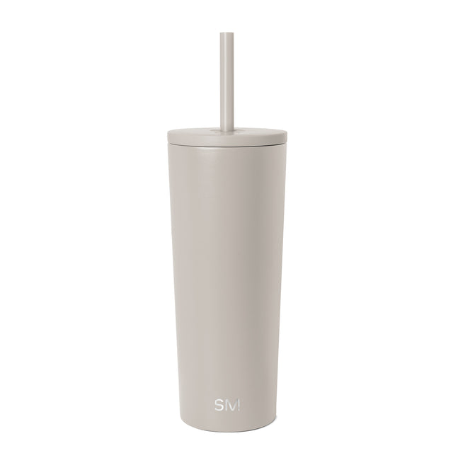 Beige cylindrical tumbler with matching lid and integrated straw, featuring Simple Modern logo, isolated on white background