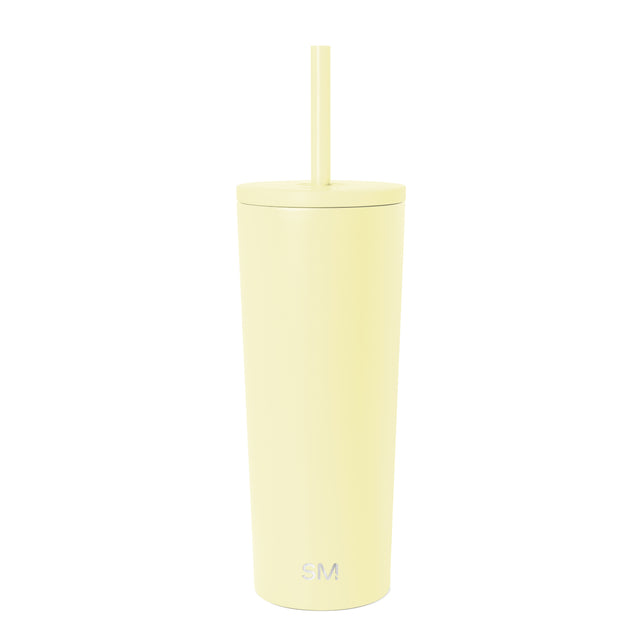 Pale yellow 24-ounce tumbler with fitted lid and matching straw, featuring Simple Modern logo, photographed against white background
