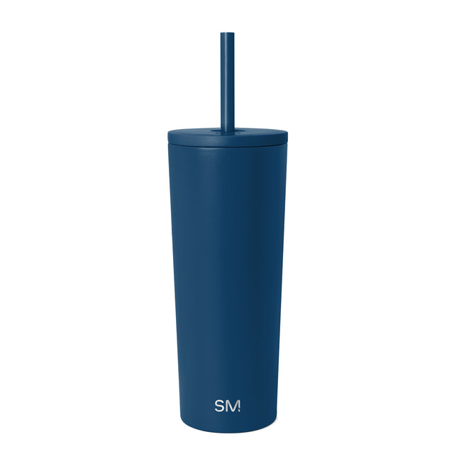 Teal blue Simple Modern tumbler with fitted lid and straw, featuring white 