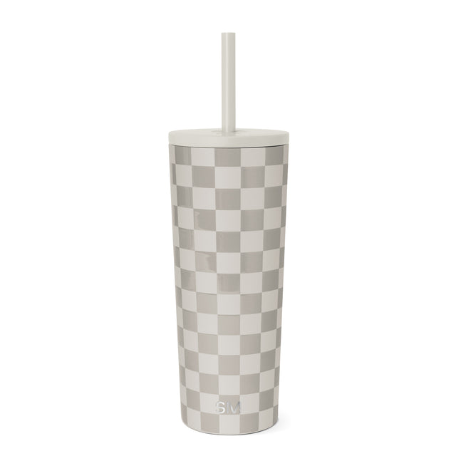 Beige and gray checkerboard 24-ounce insulated tumbler with cream-colored lid and straw by Simple Modern, shown against white background.