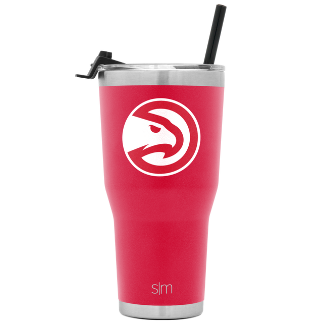 Hot pink stainless steel tumbler with white eagle logo and silver metallic rim and lid