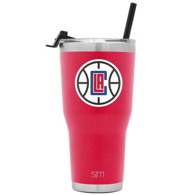 Hot pink coral tumbler with brushed stainless steel silver bands at top and bottom, matching metallic lid and straw included.