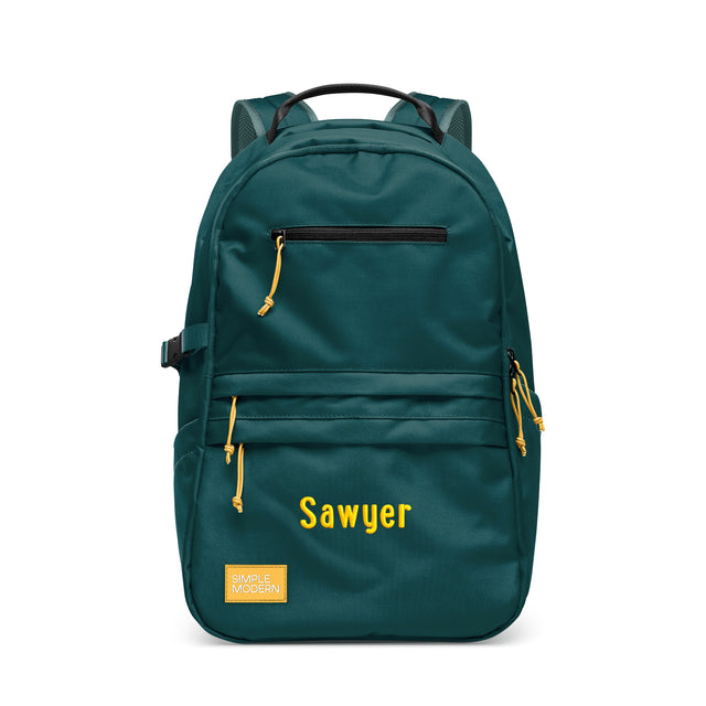 Teal and golden yellow Sawyer backpack by Simple Modern against white background, featuring padded straps, front zippered pocket, dual drawstring compartments, and side pockets.