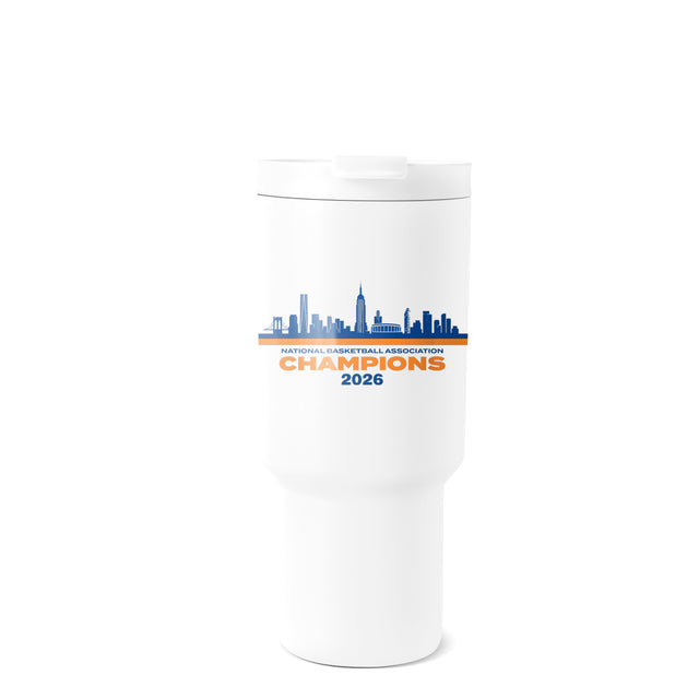 White insulated tumbler with NYC skyline graphic featuring Empire State Building, Chrysler Building, and 