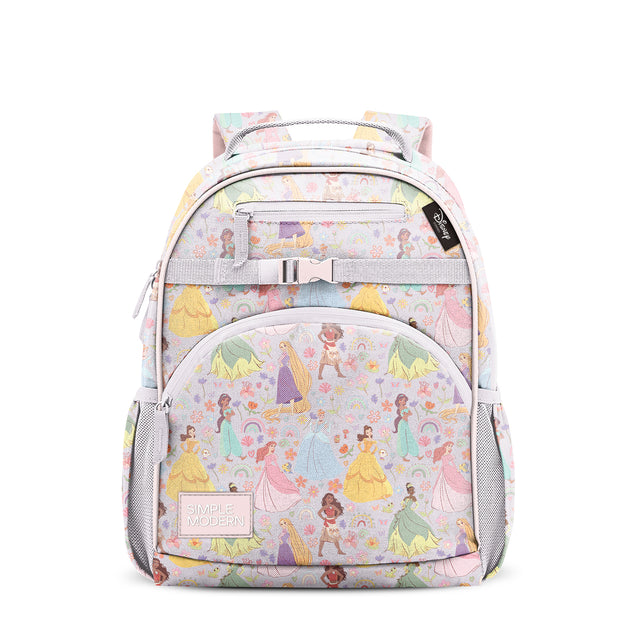 Simple Modern children's backpack with pastel colors (lavender, pink, yellow, mint green, blue) featuring Disney princess character print, gray mesh pockets, padded straps, and chest buckle on white background.