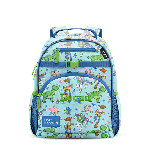 Light blue children's backpack with navy blue and lime green accents, featuring 