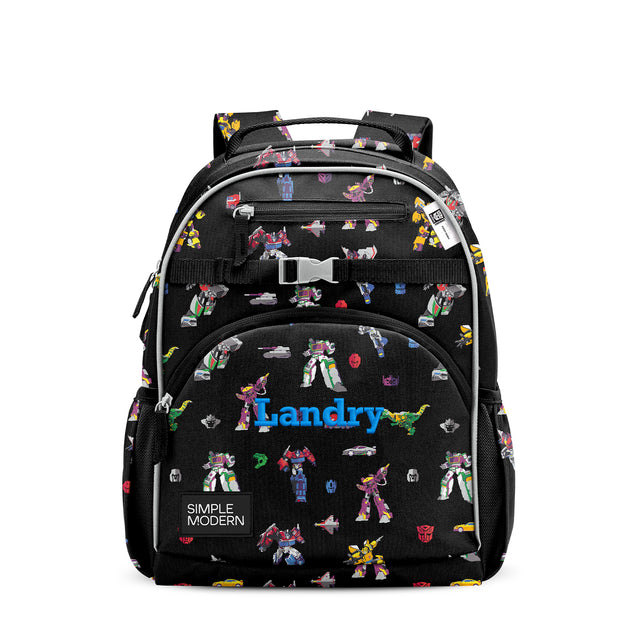 Black children's backpack with colorful character patterns, 