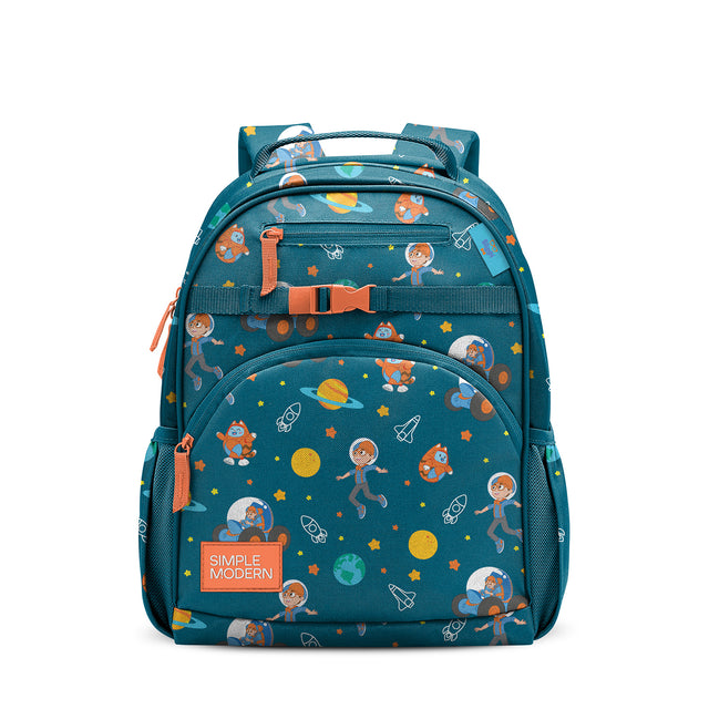 Teal blue children's backpack with space theme, orange accents, multiple zippered pockets, padded shoulder straps, and 