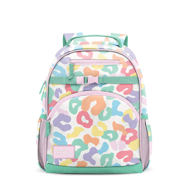 Pastel multicolor children's backpack with abstract animal print, mint green and lavender straps, front organizational pockets, side mesh panels, and 