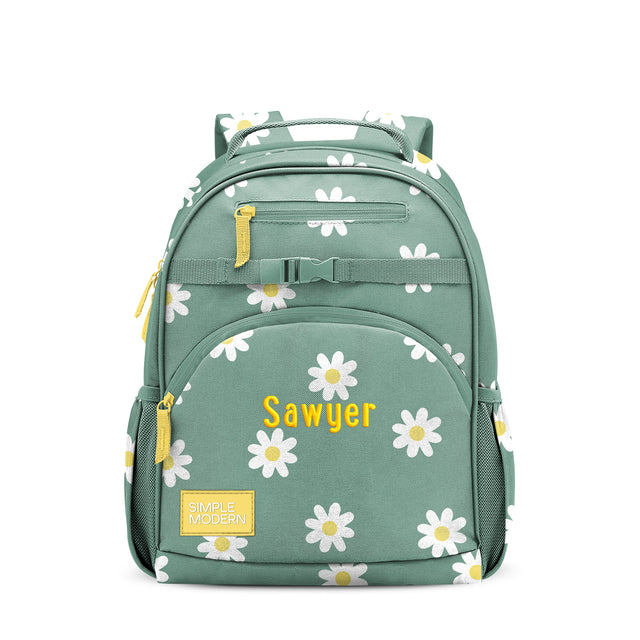 Sage green children's backpack with white daisy flower pattern and yellow accents, featuring 