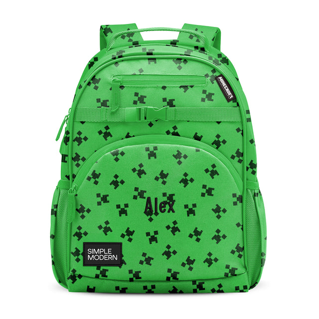 Lime green children's backpack with black pixelated video game patterns, personalized with 