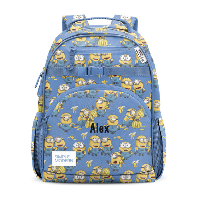 Periwinkle blue children's backpack with yellow Minion character print, front pocket labeled 