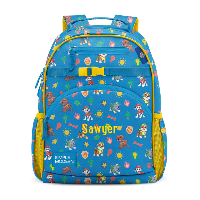 Bright blue children's backpack with yellow accents, yellow chest strap, and dual padded shoulder straps. Features Paw Patrol character graphics, colorful pattern with bones, stars, and trees. 