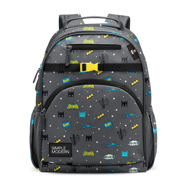 Batman-themed backpack by Simple Modern with charcoal gray base, featuring yellow 