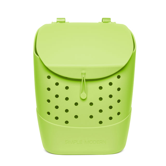 Lime green modern backpack with perforated front panel and curved flap closure, featuring rectangular carry handles and drawstring detail. Studio product shot on white background.