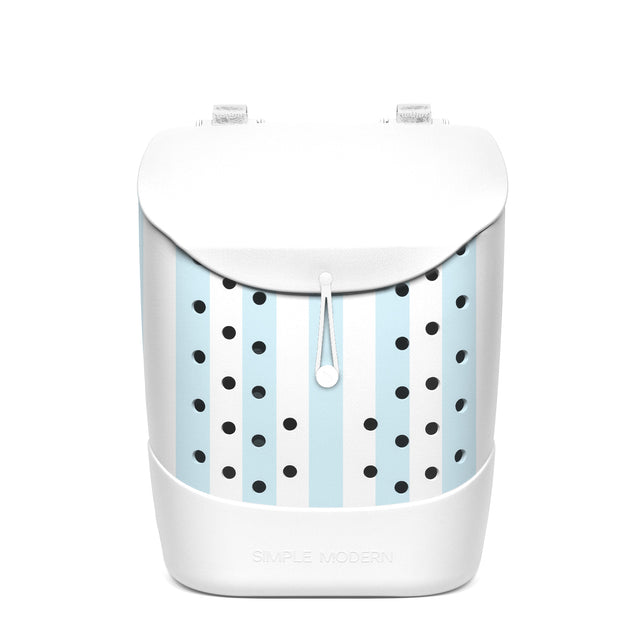 White insulated tumbler with soft blue and white striped middle band, gray handles on lid, white cord with sphere attachment, and 