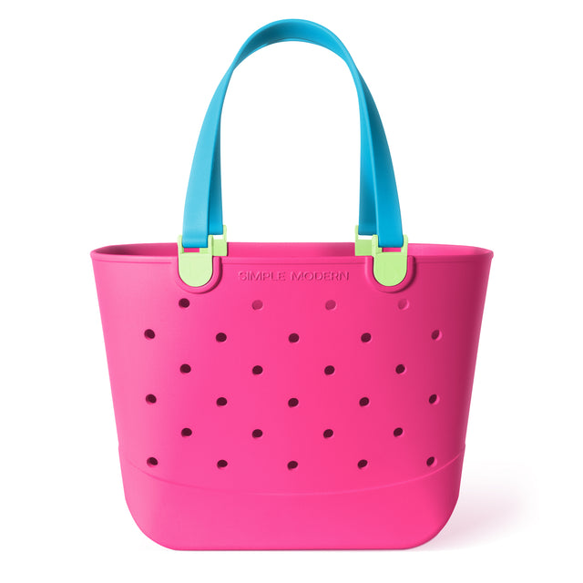 Hot pink perforated plastic tote bag with cyan blue handles and lime green reinforcement panels. Simple Modern brand logo embossed on front. Product shot on white background.