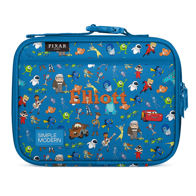 Blue insulated lunch box with Pixar character print featuring Nemo, Dory, Woody, Lightning McQueen, and Mike and Sulley. Orange 
