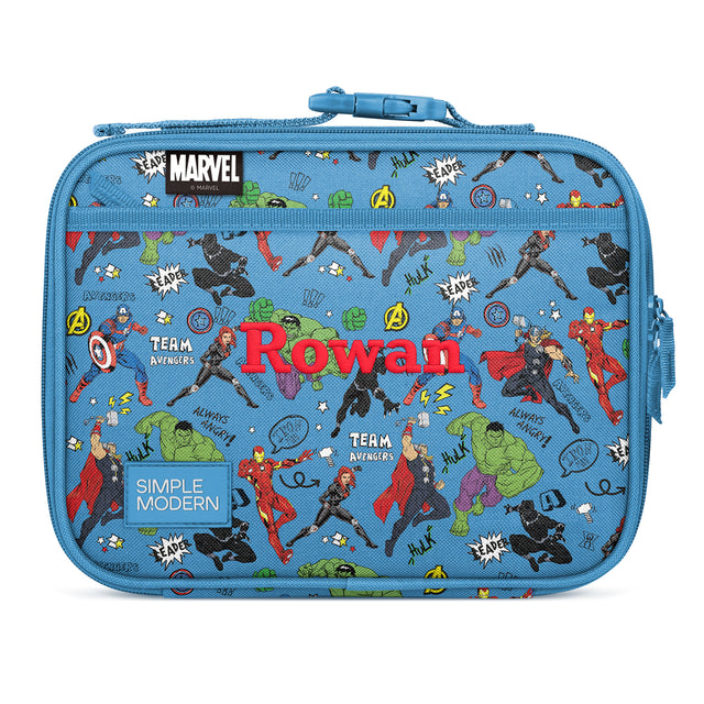 Periwinkle blue soft-sided lunchbox personalized with 