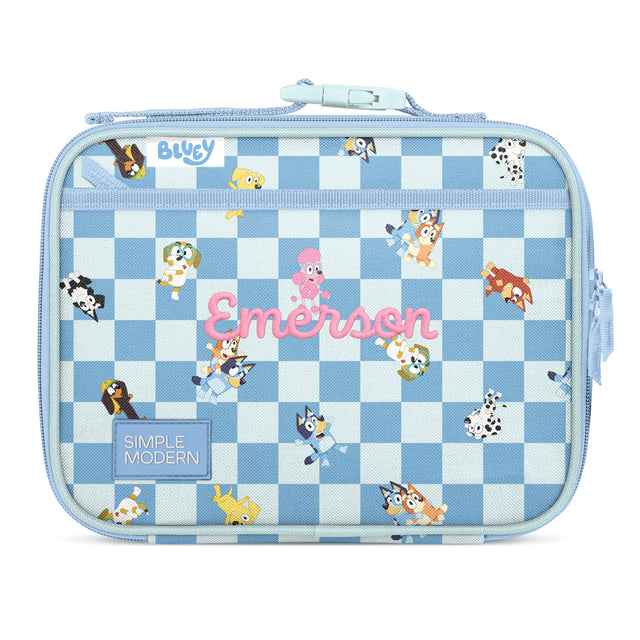 Bluey light blue and white gingham lunch box with embroidered cartoon dogs and 
