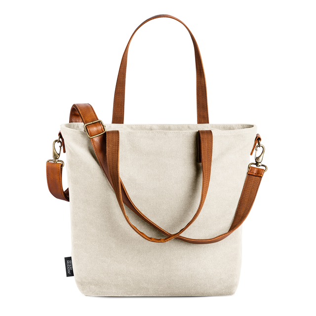 Cream canvas tote bag with open top design and dual handles, made from natural linen-cotton blend fabric in a spacious minimalist style.