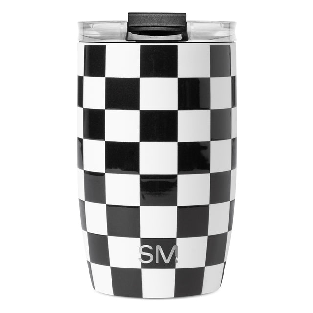 Black and white checkered insulated tumbler with black lid and SM logo, photographed against white background.